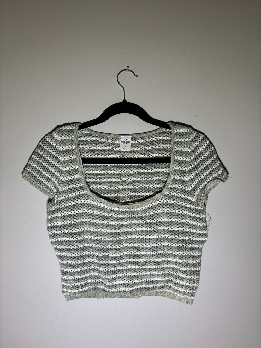 Hollister Green & White Striped Open-Knit Crop Top Size M